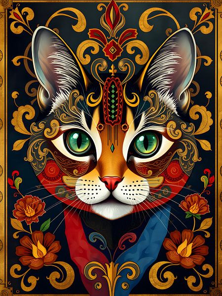 Mystical cat framed by gold ornaments by Bart Veeken