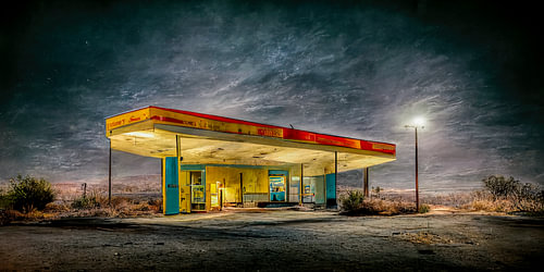 Verlaten tankstation uit de jaren vijftig langs Route 66