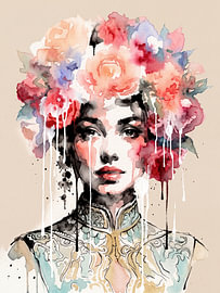 Portrait with flowers by Ingrid van der Meer