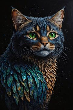 Mystical Cat with Iridescent Feathers by De Muurdecoratie