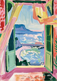 Farbenfroher Blick aus dem Fenster auf eine mediterrane Bucht