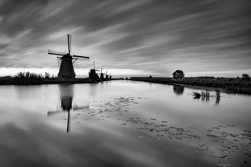 Windmolens bij zonsopgang, zwart-wit.