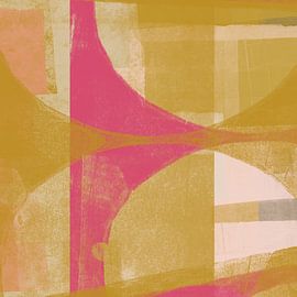 Bunte abstrakte Kunst. Formen in Ockergelb und Neonpink. von Dina Dankers