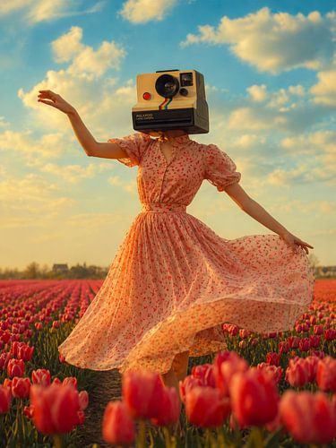 Une femme rêveuse, la tête en forme d'appareil photo, au milieu des tulipes