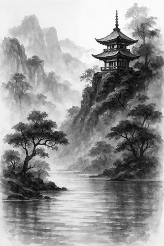 Tempel boven het water (AI) (pagode, sumi-e, Japans, grijstinten, sereen, berglandschap, zwart-wit. bomen, bergen, rivier, rustgevend, zen, tijdloos)