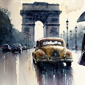 Paris in the rain 1950 watercolour by Preet Lambon