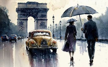 Paris im Regen 1950 Aquarell von Preet Lambon