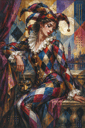 An elegant harlequin in a cubist style.