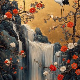 L'harmonie des grues près de la cascade dorée sur Lae