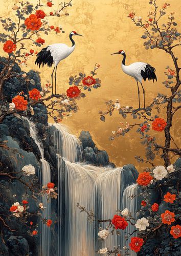 Harmony of Cranes by the Golden Waterfall