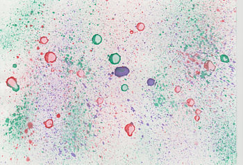 Watercolor with colorful splashes of paint and drops in blue, green and red