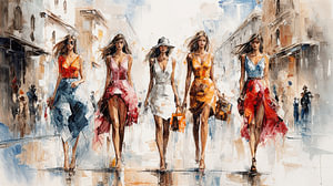 Abstraktes Bild von fünf Frauen beim Einkaufen in der Stadt, Aquarell-Acryl-Kunstdesign