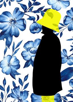 Silhouet met geel hoedje en blauwe bloemen van Brenda Reimers Art