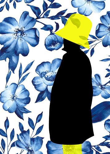Silhouette with yellow hat and blue flowers
