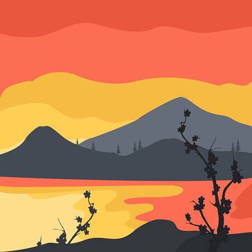 Serene Sunset Over Floral Shore