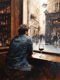 Mann im Café mit Wein Blick auf Straße von Wolkenlos