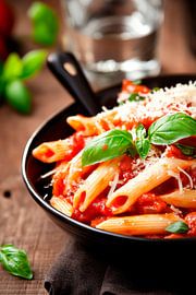 Penne Pasta mit Tomatensauce und Basilikum von Poster Art Shop