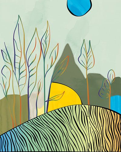 Abstract landschap met bomen op een heuvel