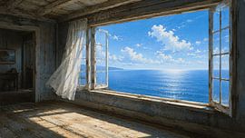 Vue sur l'océan baignée de soleil à travers une fenêtre rustique de bord de mer – Décoration murale méditerranéenne sur Dodik Hariyono