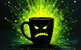 Digitale Illustration eines schwarzen Bechers mit wütendem Gesicht Design und leuchtenden grünen Hintergrund von Markus Gann