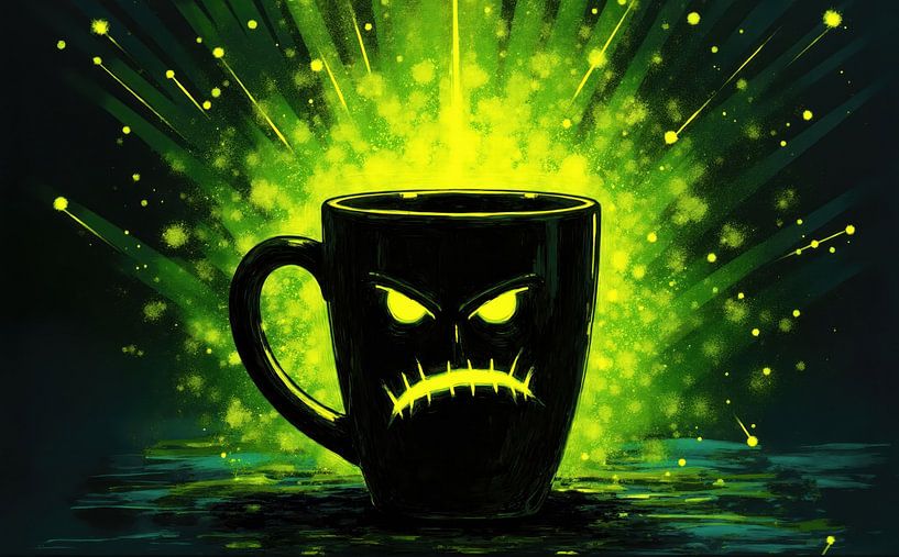 Digital Illustration of a Black Mug with Angry Face Design and Glowing Green Background by Markus Gann