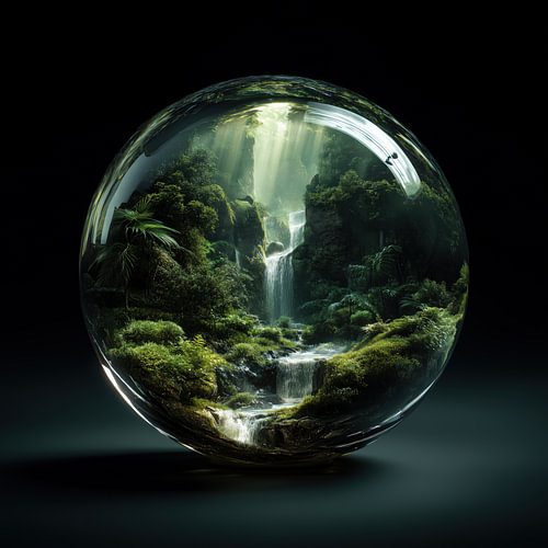 Wasserfall im tropischen Wald in einer Glaskugel