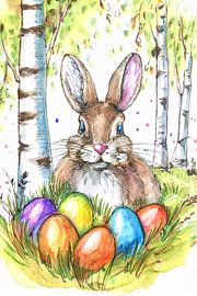 Easter bunny with colourful Easter eggs in the grass with birch trees by Jörg B. Schubert
