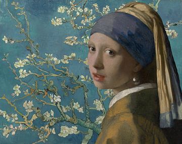 Meisje met de parel - Amandelbloesem, blauw van Digital Art Studio