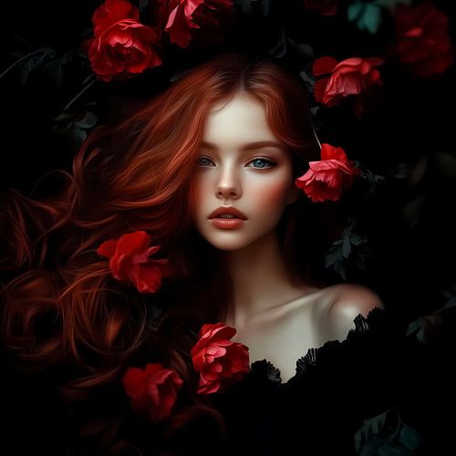 Flower Secrets: Rote Blumen I Elegante Frau mit roten Haaren