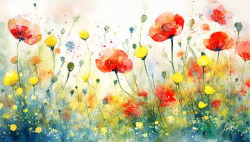 Aquarel schilderij: Klaprozen en boterbloemen in het gras van Studio Pieternel