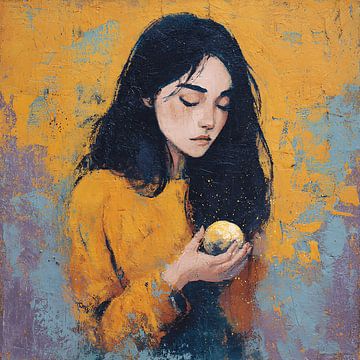 Trauriges Mädchen mit einem leuchtenden Miniaturplaneten von Aden Pink Studio