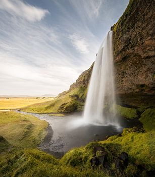  Der Wasserfall Seljalandsfoss an einem sonnigen Tag in Island