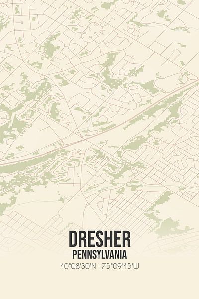 Carte ancienne de Dresher (Pennsylvanie), USA. par Affiches de lieux
