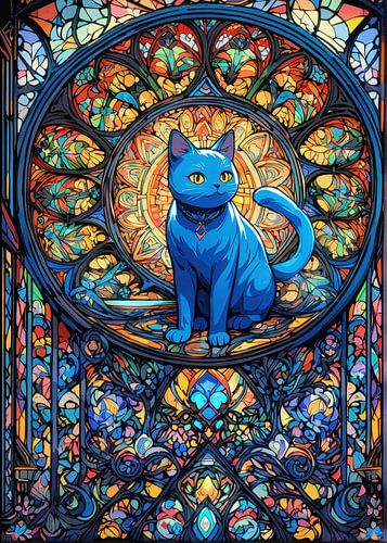 Die blaue Katze in der Glasmalerei