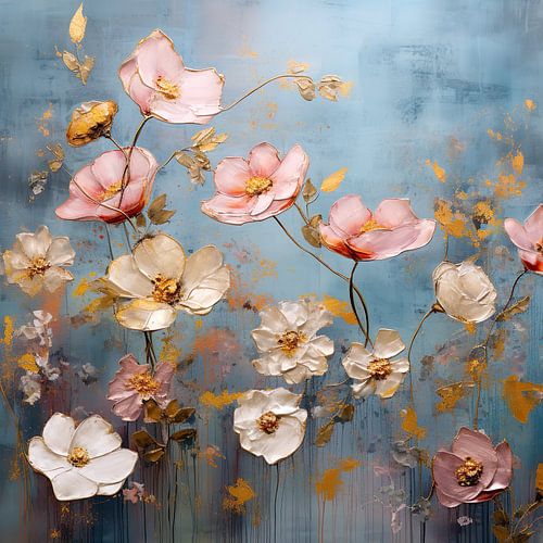 Modern abstracte weergave van bloemen in roze en blauw