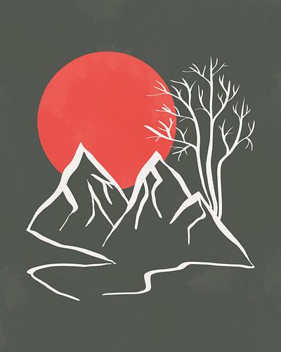 Boom en bergen in de rode avondzon