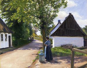 Dänische Dorfstraße mit Bäuerin und Milchmann, HANS ANDERSEN BRENDEKILDE, Ca. 1880