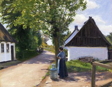 Deense dorpsstraat met boerin en melkboer, HANS ANDERSEN BRENDEKILDE, ca.1880 van Atelier Liesjes