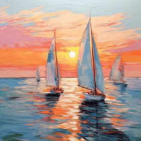 Abstrakte Segelboote unter der untergehenden Sonne Panorama von TheXclusive Art