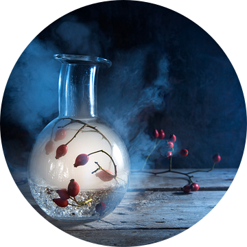 fles met gloeiende rook en rozenbottels binnenin op een rustieke houten tafel tegen een donkerblauwe van Maren Winter