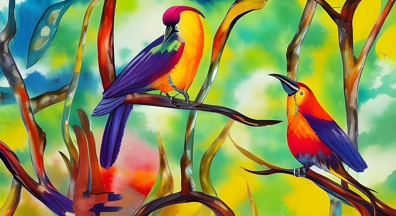 Exotische Vögel auf Zweigen Abstrakt von Betty Maria Digital Art