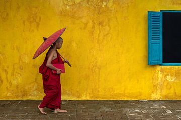 A young monk walks by by Anges van der Logt