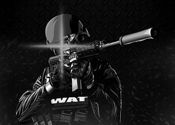 SWAT-Spezialeinheit gibt einen Schuss ab (schwarz-weiß) von DEN Vector