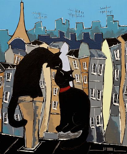 Black cat and his pretty, on Paris rooftops