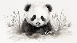 süßer junger Pandabär-Zeichnung, Panda-Bleistiftzeichnung im Vintage-Stil