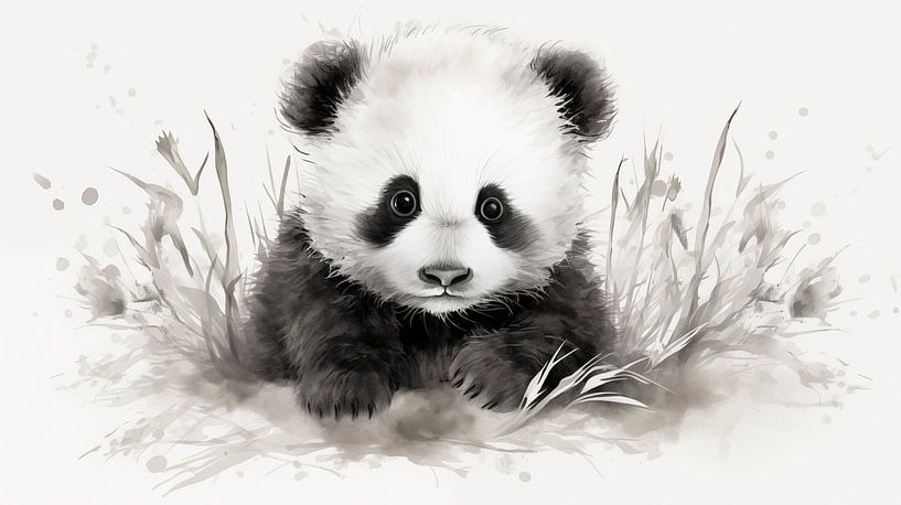 süßer junger Pandabär-Zeichnung, Panda-Bleistiftzeichnung im Vintage-Stil von Animaflora PicsStock