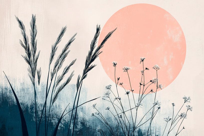 Soft grasses in front of a peach moon by Poster Art Shop