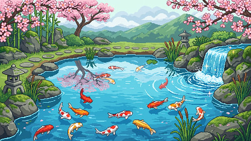 Sakura-Wasserfall-Koi-Teich – Japanische Pixelkunst