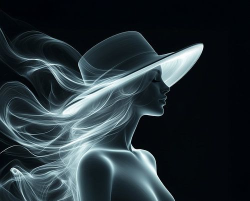 Brustbild einer Dame mit langen, im Wind wehenden Haaren