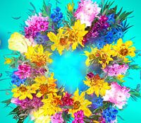 A colourful wreath of various summer flowers